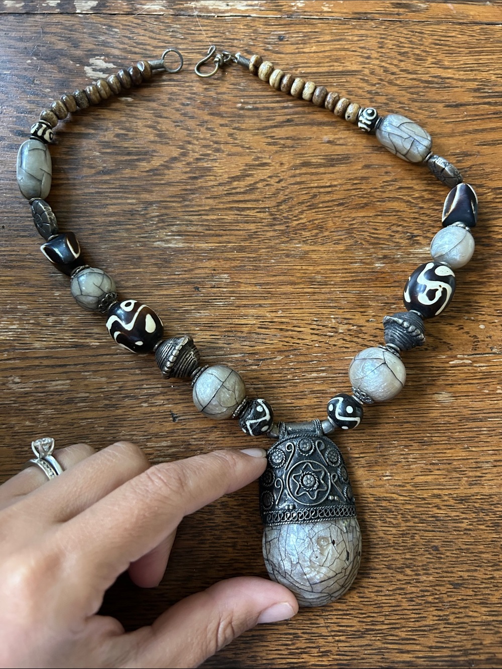 Handcrafted Stone and Silver-Tone Pendant Necklace in Browns, Cream, and silvers